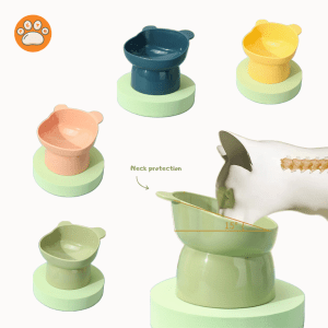 High-Foot Cartoon Bear Pet Bowl – Anti-Spill, Neck-Protective Design