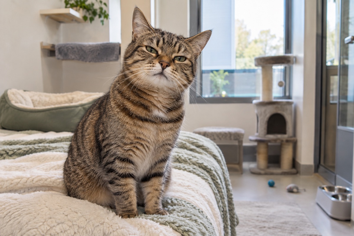 Tabby cat sitting on a bed and inspecting a boarding room.