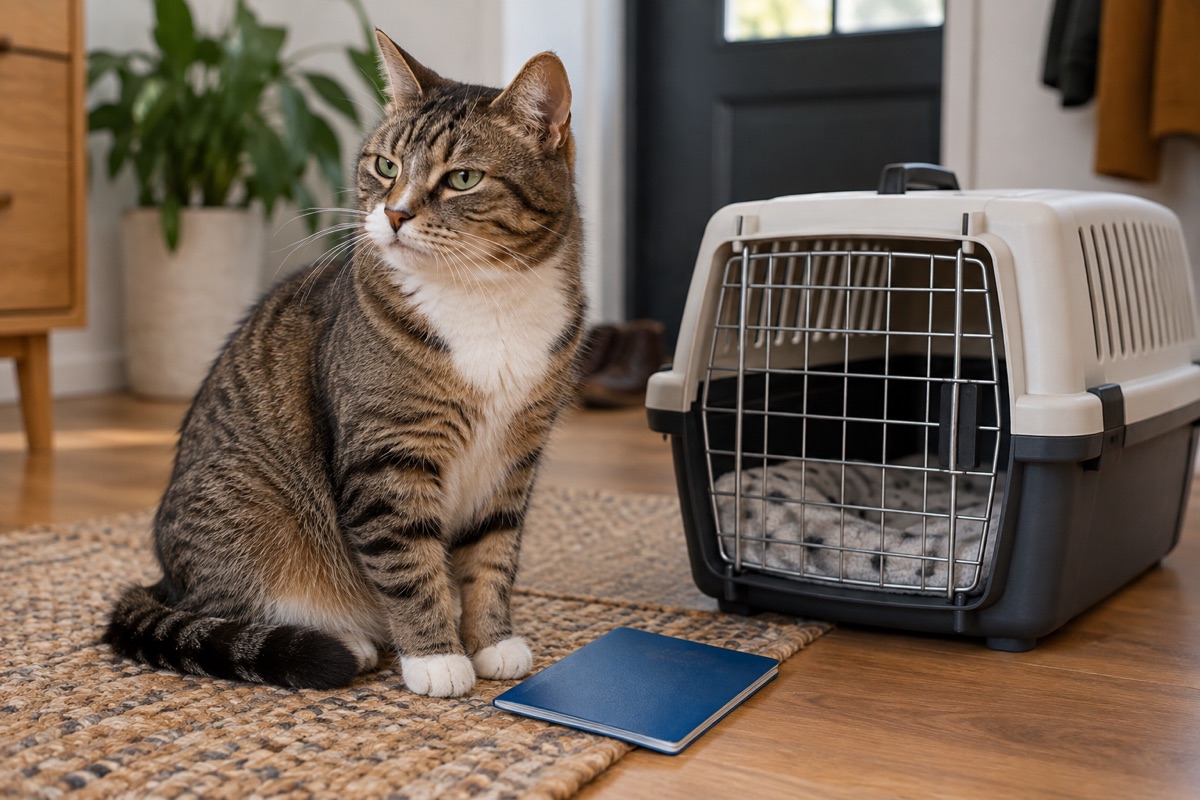 Cat beside a carrier and a health record booklet.