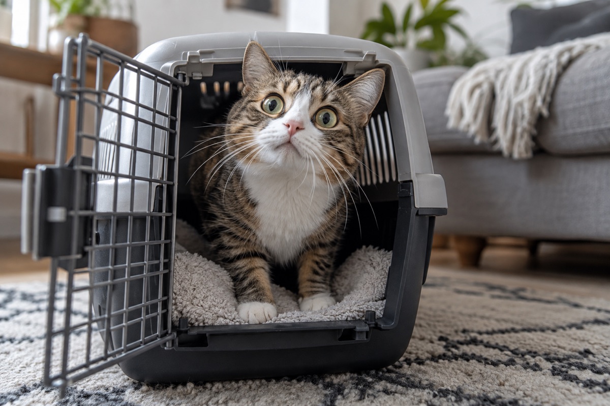 Wide-eyed cat peeking out of an open carrier.