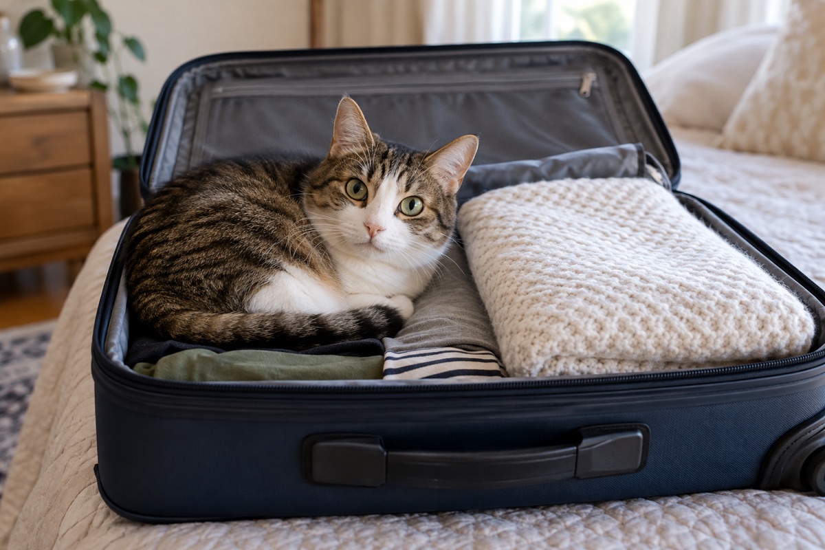 Cat curled up in an open suitcase next to a blanket.