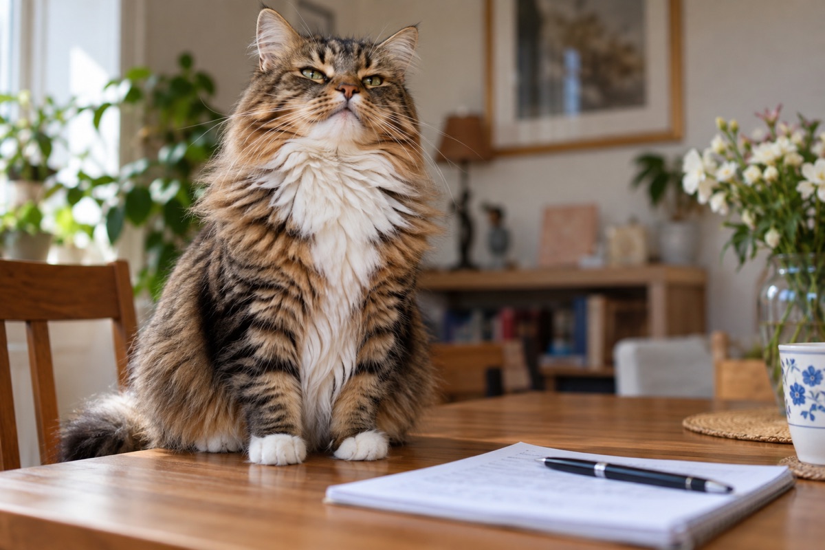 Long-haired cat sitting beside a care checklist.