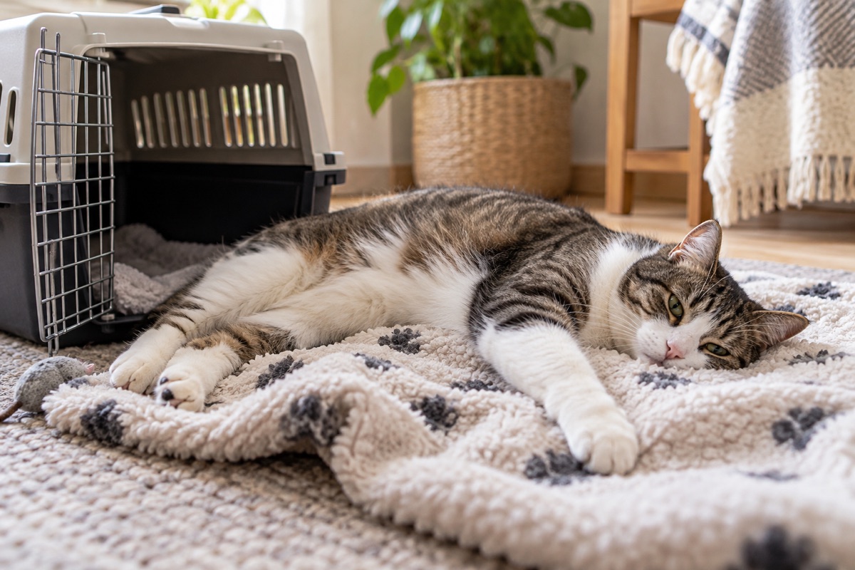 Cat relaxing on a blanket beside an open carrier.