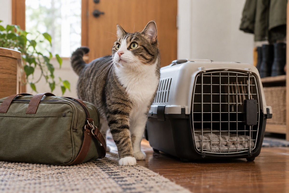 Cat standing beside a carrier and travel bag.