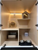 Actual CuteCats Cullinan Room, showing the raised hideaway, shelves, litter tray, feeding bowls and water fountain.