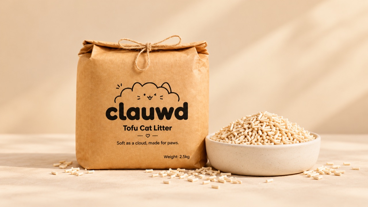 Clauwd kraft package beside a bowl of tofu cat litter pellets