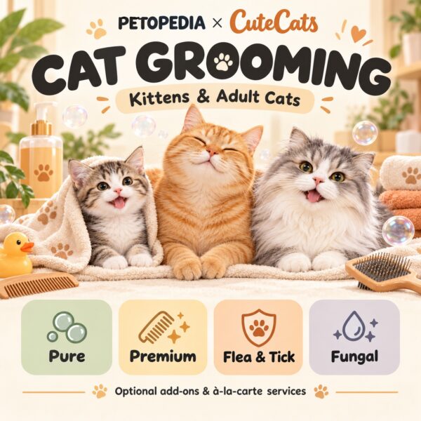 Petopedia × CuteCats cat grooming for kittens and adults, with Pure, Premium, Flea & Tick and Fungal packages, optional add-ons and à-la-carte services.