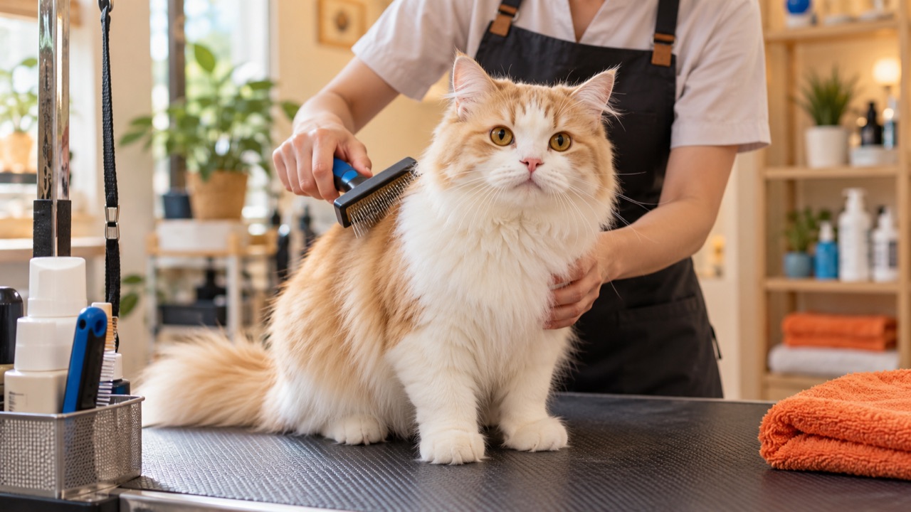 Calm cat being gently brushed in a pet grooming studio