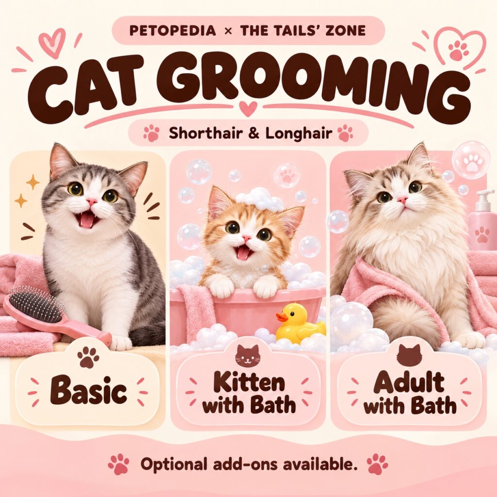 Petopedia × The Tails’ Zone cat grooming: Basic, Kitten with Bath and Adult with Bath for shorthair and longhair cats, with optional add-ons.